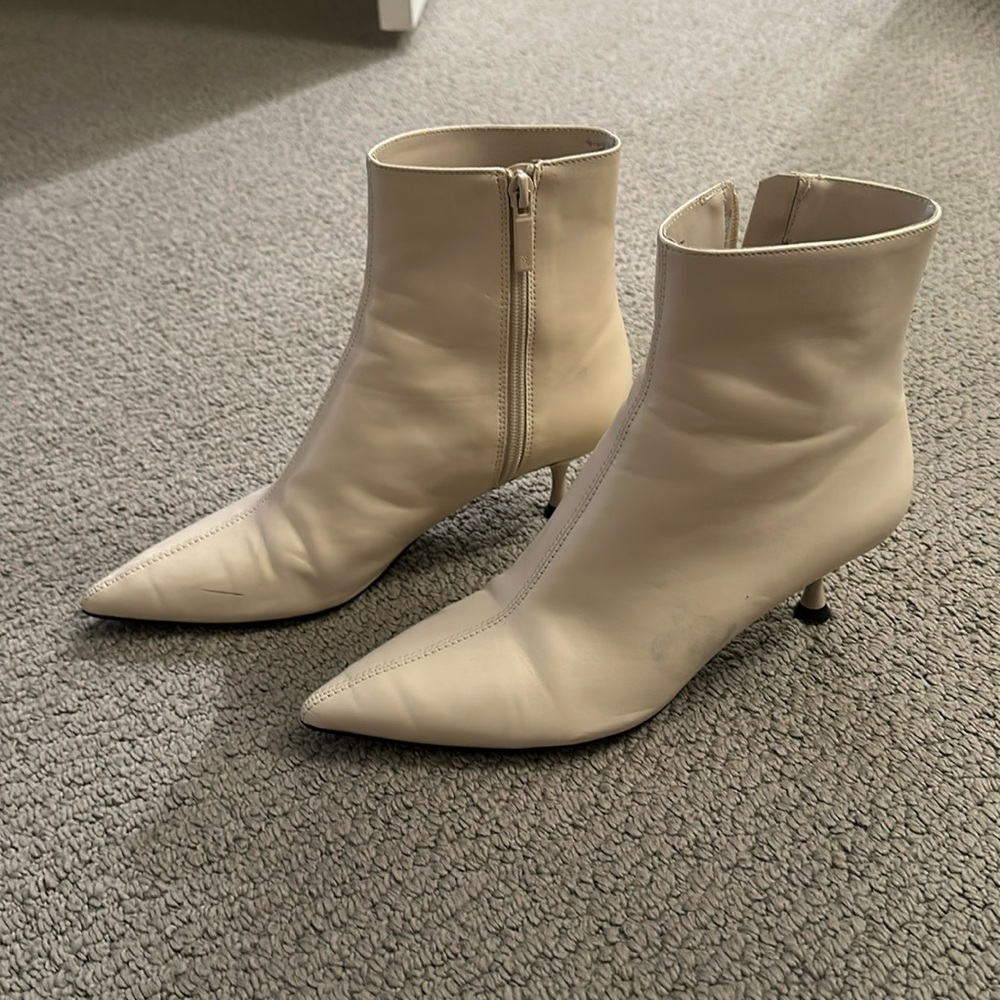 White Zara kitten heel “leather” boots.